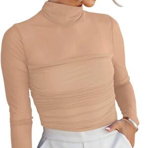 ReoRia Nude Beige Long Sleeve Mock Neck Bodysuit